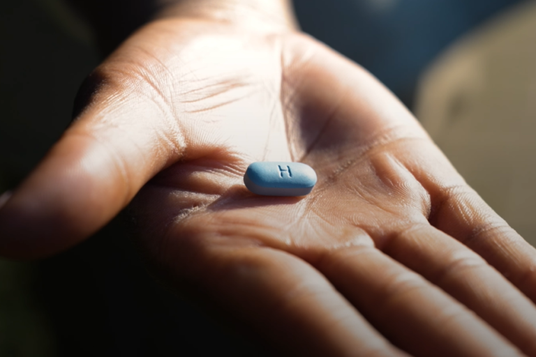 An open hand holding a blue PrEP pill