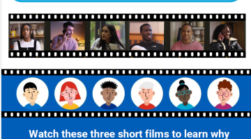 A film strip containing six faces and six characters featured in the BASHH partner notification videos.