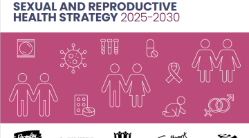 Cover page of the sexual health strategy. It has the title and an several sexual health icons like condoms, IUDs, HIV ribbon, with pink background.