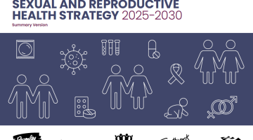 Cover page of the sexual health strategy. It has the title and an several sexual health icons like condoms, IUDs, HIV ribbon, with blue background.