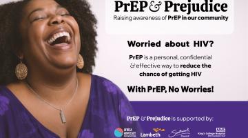 A black woman laughing with her head thrown back with words about the PrEP and Prejudice project