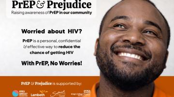 A black man smiling with words about the PrEP and Prejudice initiative on the other side.