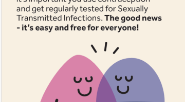 A pink triangle shape with arms, legs and face hugging a purple circle 'person' under the text "If you are having sex it's important to use contraception".